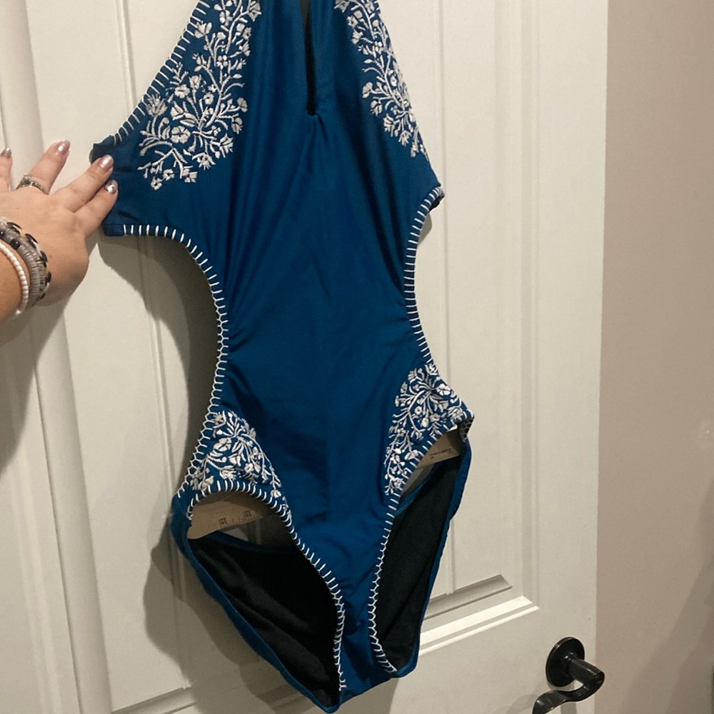 Elegant Blue and White One Piece Swimsuit with Floral Design
